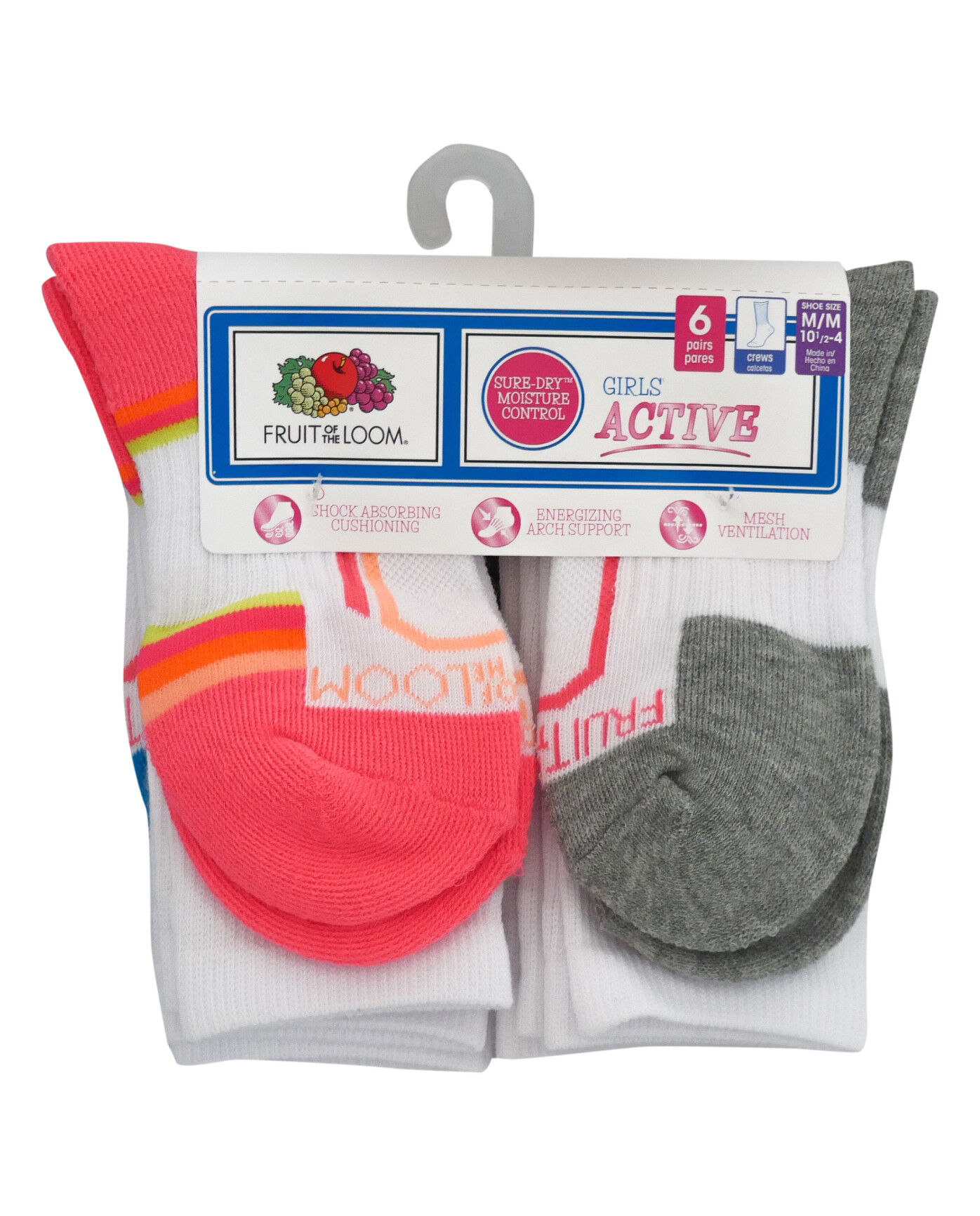 6 Pack New Fruit of the Loom Girl's Active Cushioned Crew Socks 