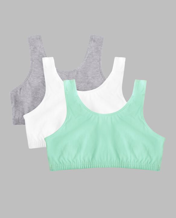 Girls' Cotton Stretch Sports Bra, 3 Pack MINT CHIP/WHITE/GREY HEATHER