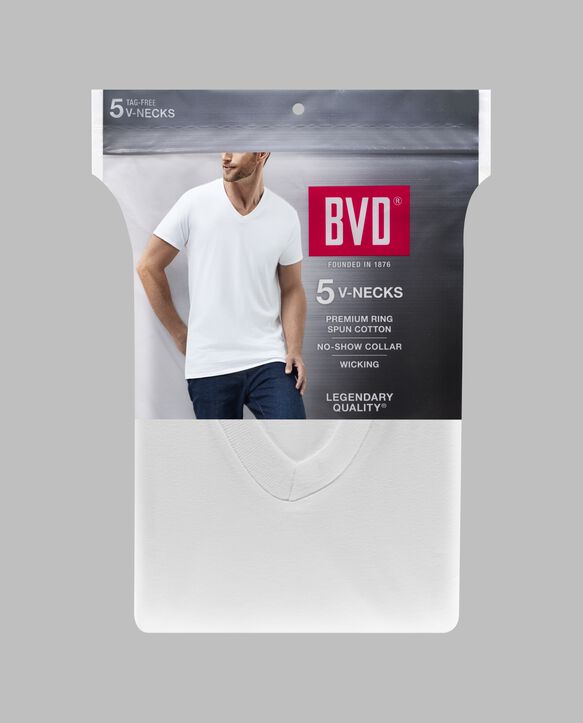 BVD® Men's Short Sleeve Cotton V-neck T-Shirt, White 5 Pack White