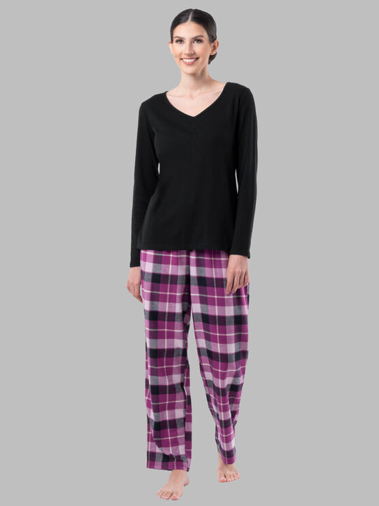 Women's Flannel Top and Bottom,  2 Piece Pajama Set BLACK/PLAID