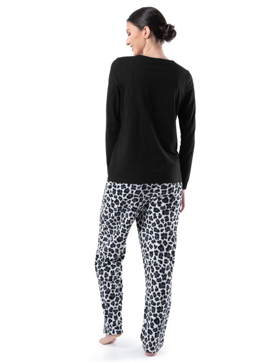 Women's Fleece Top and Bottom, 2 Piece Pajama Set BLACK/CHEETAH PRINT