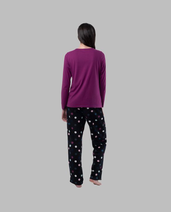 Women's Fleece  Top and Bottom,  2 Piece Pajama Set ROYAL BERRY/MULTI COLOR DOTS PRINT