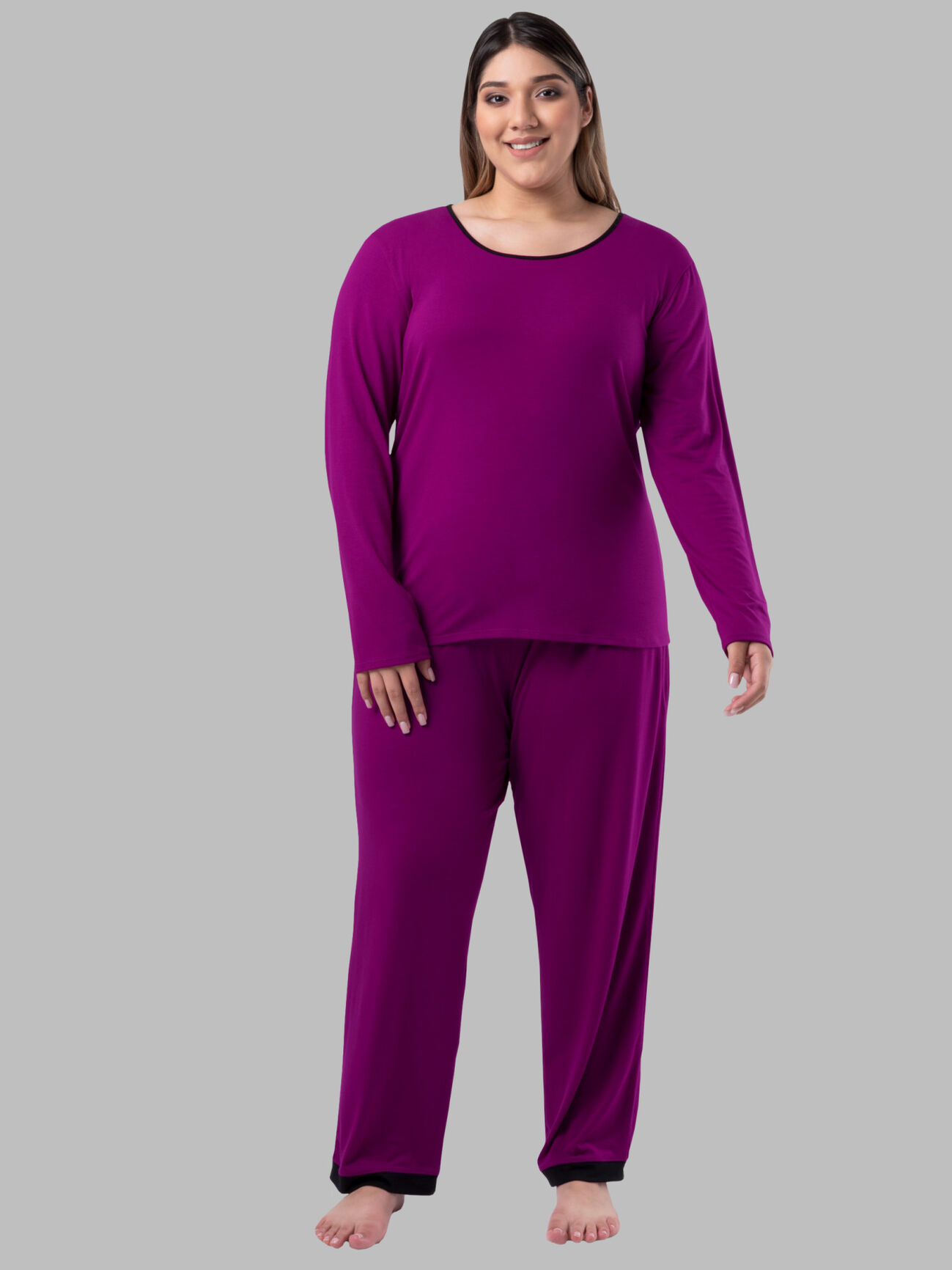 Women's Plus Fit for Me® Soft & Breathable Crew Neck Long Sleeve Shirt and Pants, 2 Piece Pajama Set BOYSENBERRY