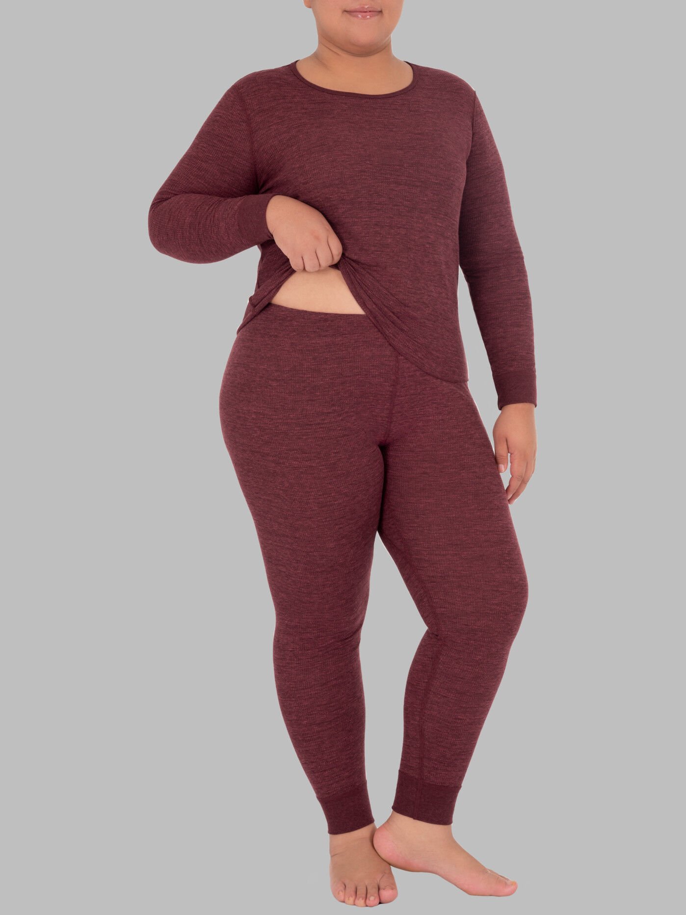 Women's Plus Size Waffle Thermal Crew Top and Bottom Set