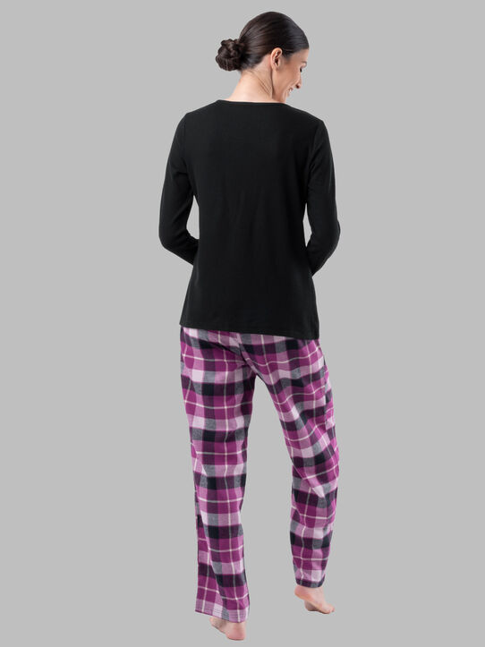 Women's Flannel Top and Bottom,  2 Piece Pajama Set BLACK/PLAID