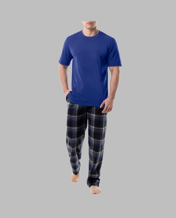 Fruit Of The Loom Men's Short Sleeve Jersey Knit Top and Fleece Sleep Pant, 2 Piece Set BLUE AND BLACK PLAID SET