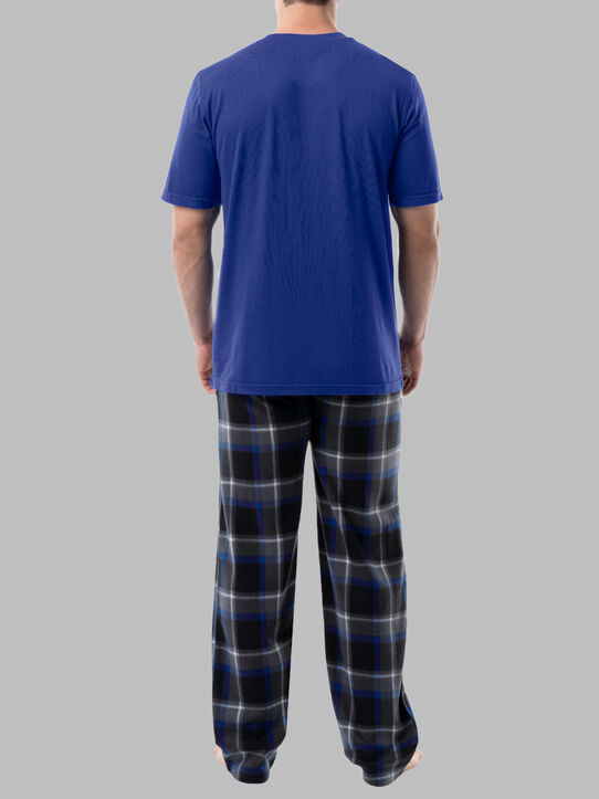 Fruit Of The Loom Men's Short Sleeve Jersey Knit Top and Fleece Sleep Pant, 2 Piece Set BLUE AND BLACK PLAID SET
