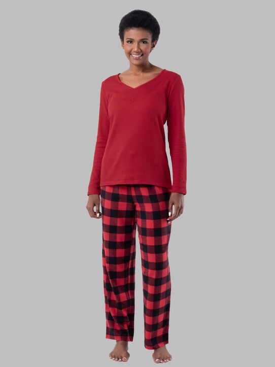 Women's Flannel Top and Bottom, 2 Piece Pajama Set RADIANT RED/ BUFFALO CHECK