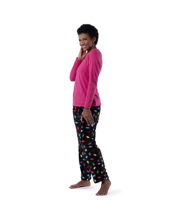 Women's Sleep Top & Fleece Bottom Set HOT PINK/CHRIMAS LIGHTS