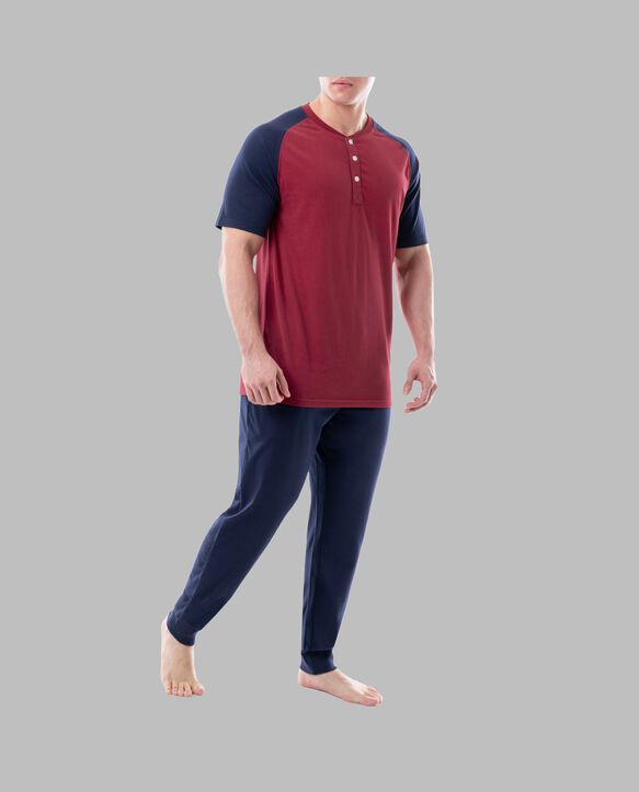 Fruit of the Loom Men's Jersey Short Sleeve Henley Top and Jogger Pant, 2 Piece Set RED/NAVY