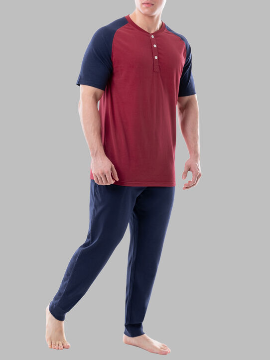 Fruit of the Loom Men's Jersey Short Sleeve Henley Top and Jogger Pant, 2 Piece Set RED/NAVY