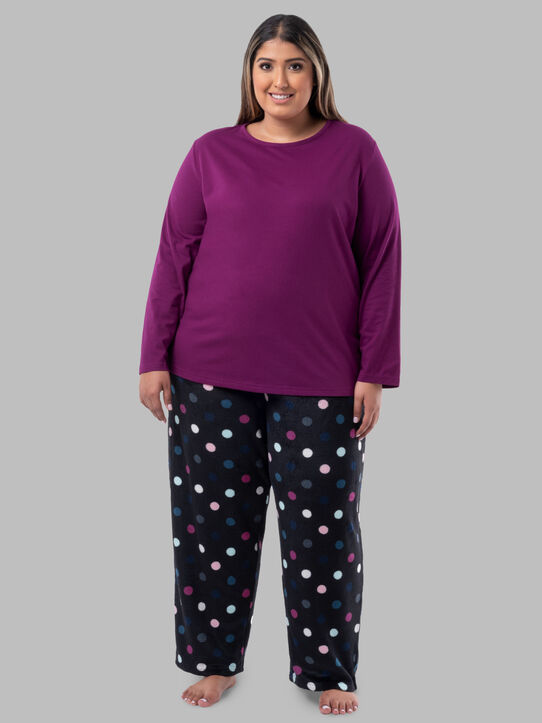 Women's Plus Fit for Me®Fleece Top and Bottom, ROYAL BERRY/MULTI COLOR DOTS PRINT