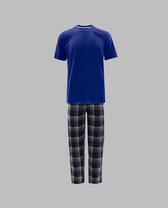 Fruit Of The Loom Men's Short Sleeve Jersey Knit Top and Fleece Sleep Pant, 2 Piece Set BLUE AND BLACK PLAID SET
