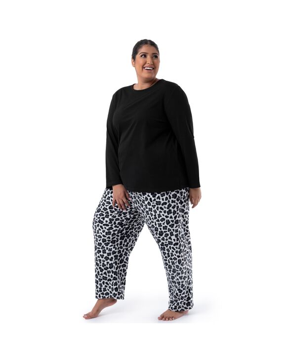Fit For Me Women's Sleep Top & Fleece Bottom Set BLACK/CHEETAH PRINT
