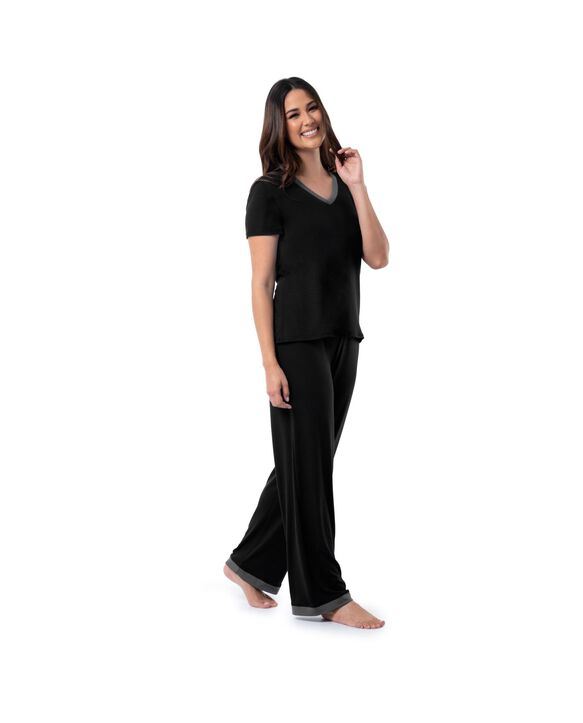 Women's Soft & Breathable V-Neck T-shirt and Pants, 2-Piece Pajama Set BLACK SOOT