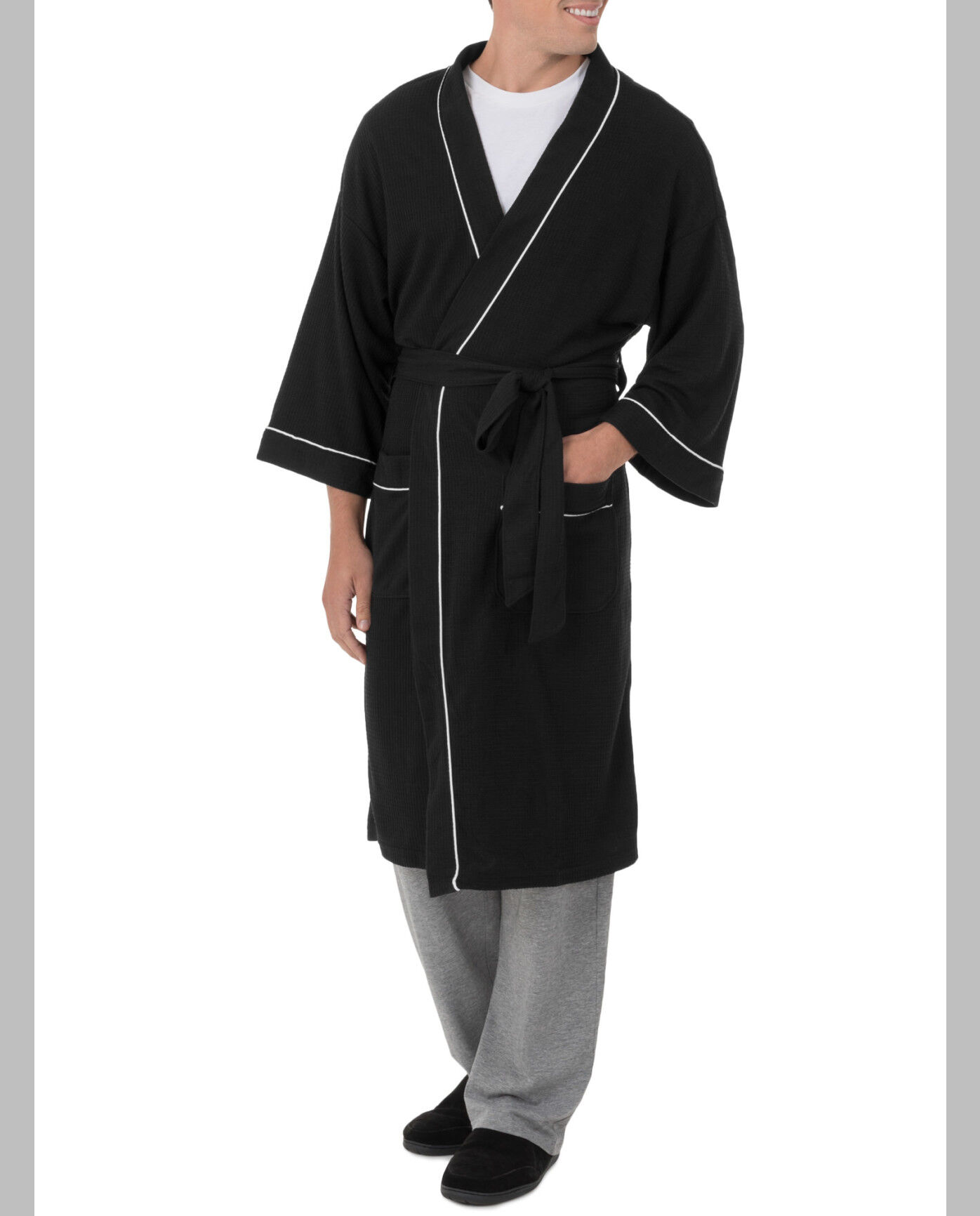 Men's Soft Touch Waffle Robe, 1 Pack, Size 2XL BLACK