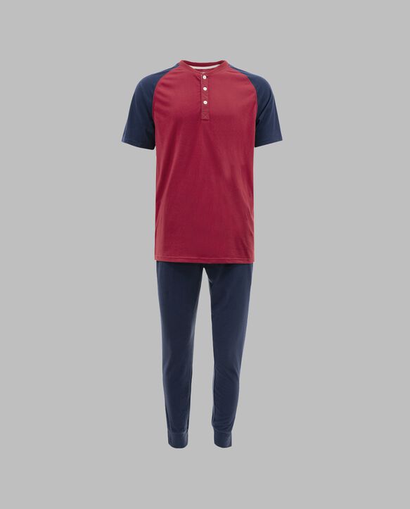 Fruit of the Loom Men's Jersey Short Sleeve Henley Top and Jogger Pant, 2 Piece Set RED/NAVY
