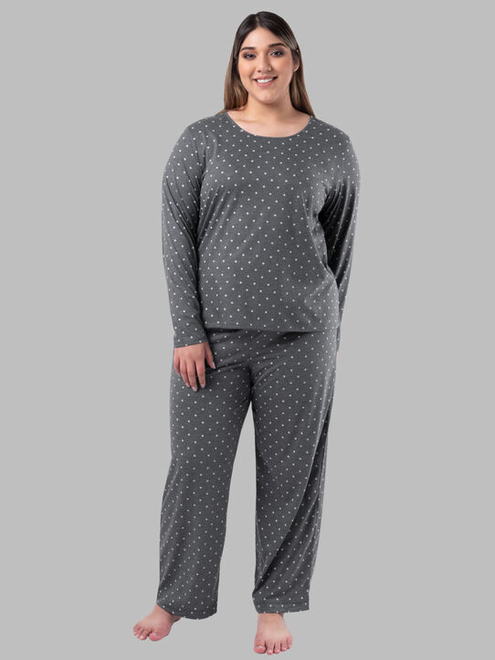 Women's Plus Fit for Me® Soft & Breathable Crew Neck Long Sleeve Shirt and Pants, 2 Piece Pajama Set CHARCOAL PIN DOT