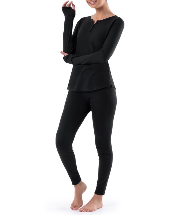 Women's Raschel Henley Top and Pant, 2-Piece Pajama Set BLACK