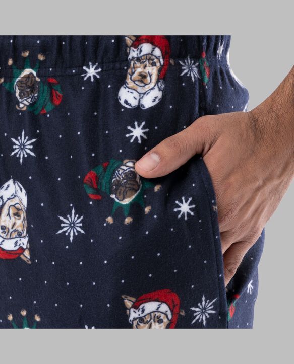 Fruit of the Loom Men's Holiday and Plaid Microfleece Sleep Pant, 2 Pack SANTA DOG/BLUE PLAID