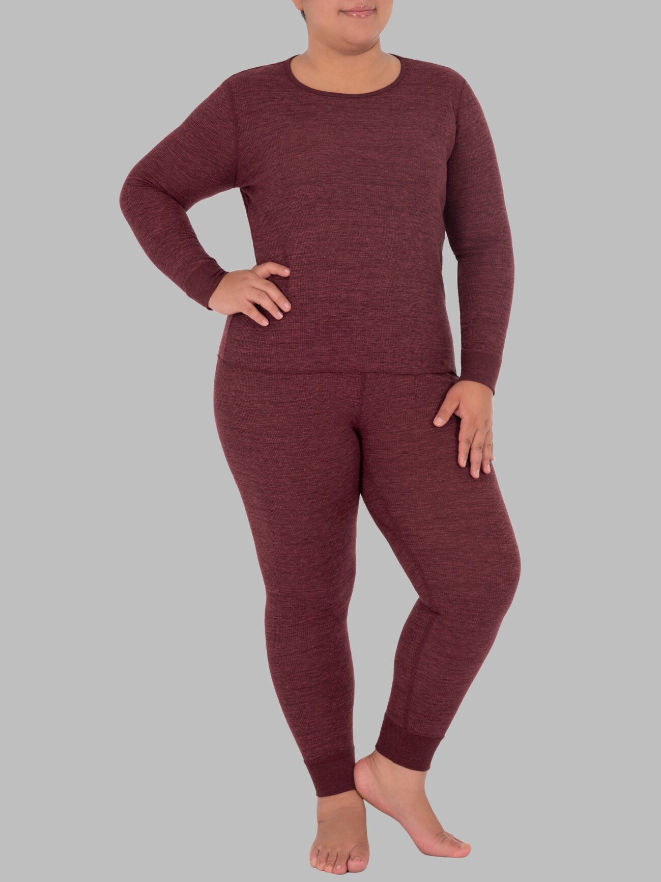 Women's Plus Size Waffle Thermal Crew Top and Bottom Set MERLOT INJECTION HEATHER/ MERLOT INJECTION HEATHER