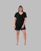 Women's Plus Soft & Breathable V-Neck T-shirt and Shorts, 2-Piece Pajama Set BLACK SOOT
