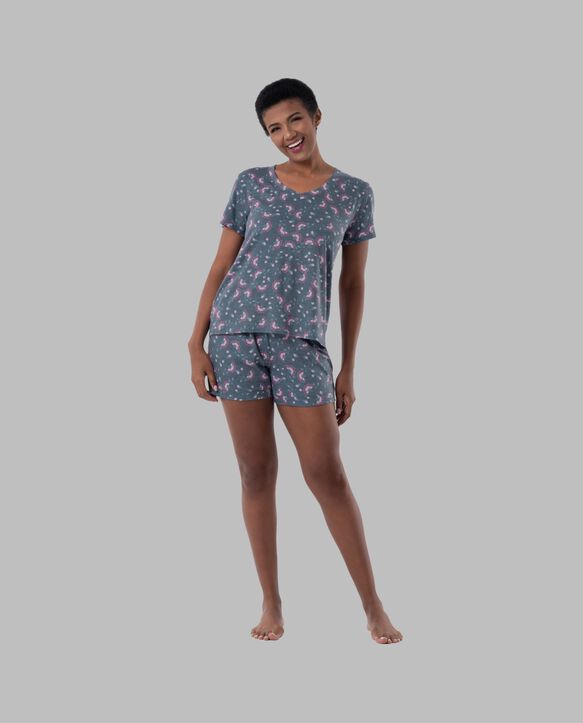 Women's Soft & Breathable V-Neck T-shirt and Shorts, 2-Piece Pajama Set Floral Print