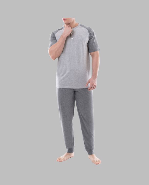 Fruit of the Loom Men's Jersey Short Sleeve Henley Top and Jogger Pant, 2 Piece Set GREY HEATHER