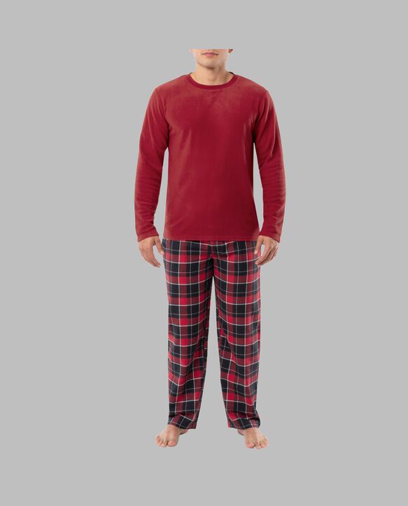 Fruit of the Loom Men's Long Sleeve Fleece Crew and Flannel Sleep Pant, 2 Piece Set RED