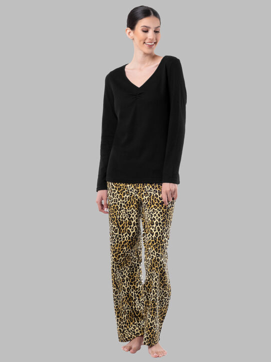 Women's Flannel Top and Bottom, 2 Piece Pajama Set BLACK/NATURAL ANIMAL