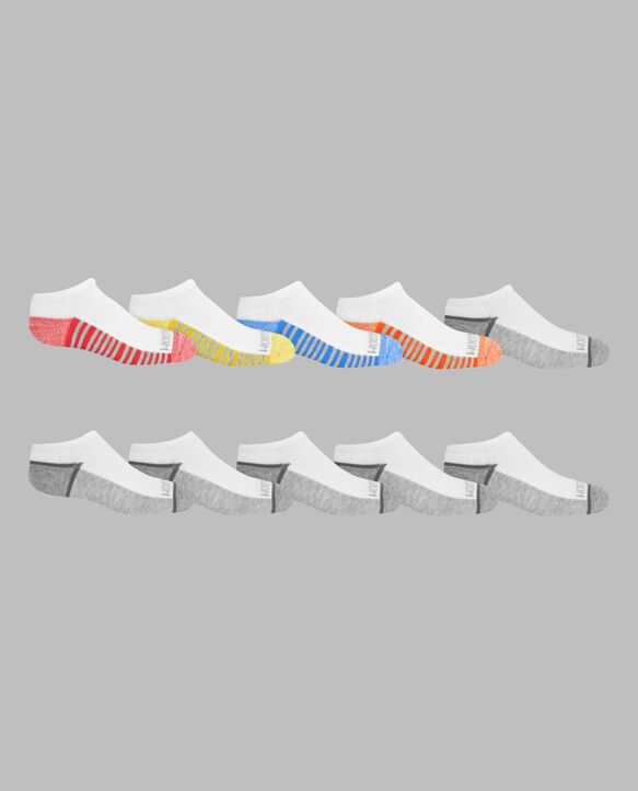 Boys' Cushioned No Show Socks, 10 Pack BRIGHT WHITE/HIGH RISK RED, BRIGHT WHITE/DIRECTOR BLUE, BRIGHT WHITE/LEMONCH, BRIGHT WHITE/MED GREY H, BRIGHT WHITE/VIBRANT ORANGE, BRIGHT WHITE/MED G