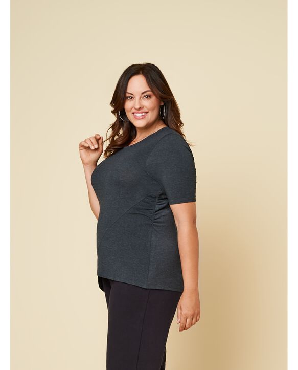 Women’s Seek No Further Plus Size ¾ Sleeve Scooped Neck Ruched Top Dark Charcoal Heather