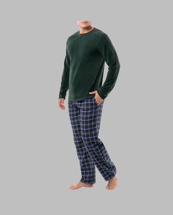 Fruit of the Loom Men's Long Sleeve Fleece Crew and Flannel Sleep Pant, 2 Piece Set GREEN