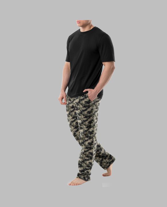 Fruit Of The Loom Men's Short Sleeve Jersey Knit Top and Fleece Sleep Pant, 2 Piece Set BLACK CAMO SET