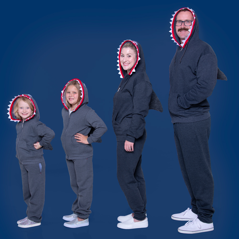 Family wearing DIY shark costumes made with Fruit of the Loom fleece