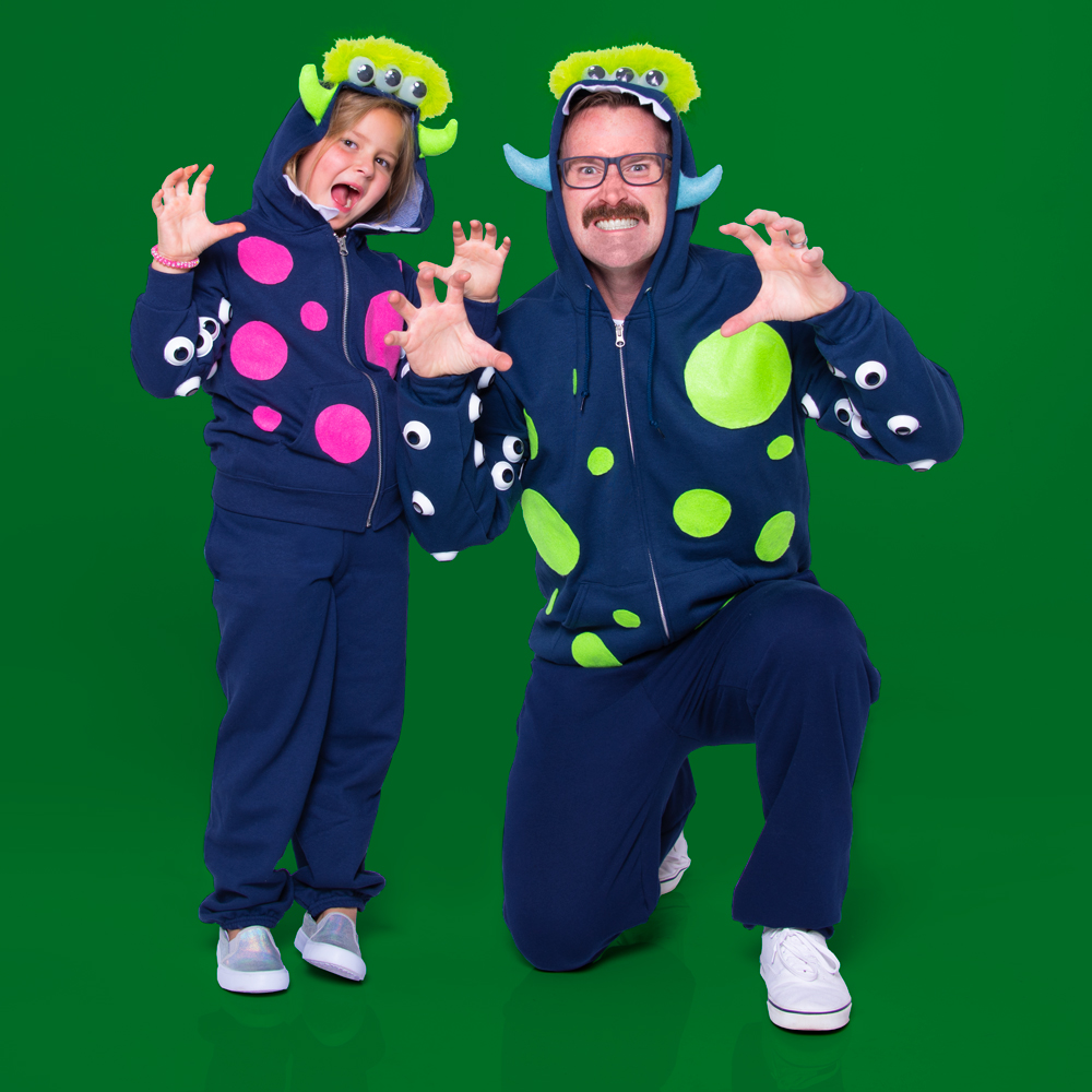Male and kid model wearing DIY monster halloween costumes made with Fruit of the Loom fleece